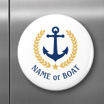 Boat Name Anchor Gold Style Laurel blue white Magnet<br><div class="desc">A Personalised round magnet with your boat name,  family name or other desired text as needed. Featuring a custom designed nautical boat anchor,  gold style laurel leaves and star emblem on white or easily adjust the primary colour to match your current theme.</div>