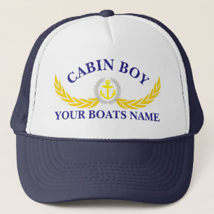 Boat name anchor motif cabin boy trucker hat