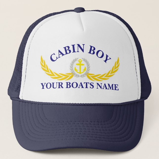 Boat name anchor motif cabin boy trucker hat (Front)