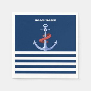 Boat Name Anchor , Navy Blue Stripes Napkin