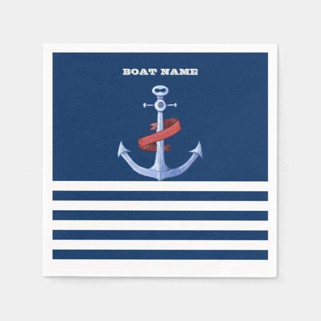 Boat Name Anchor , Navy Blue Stripes Napkin (Front)
