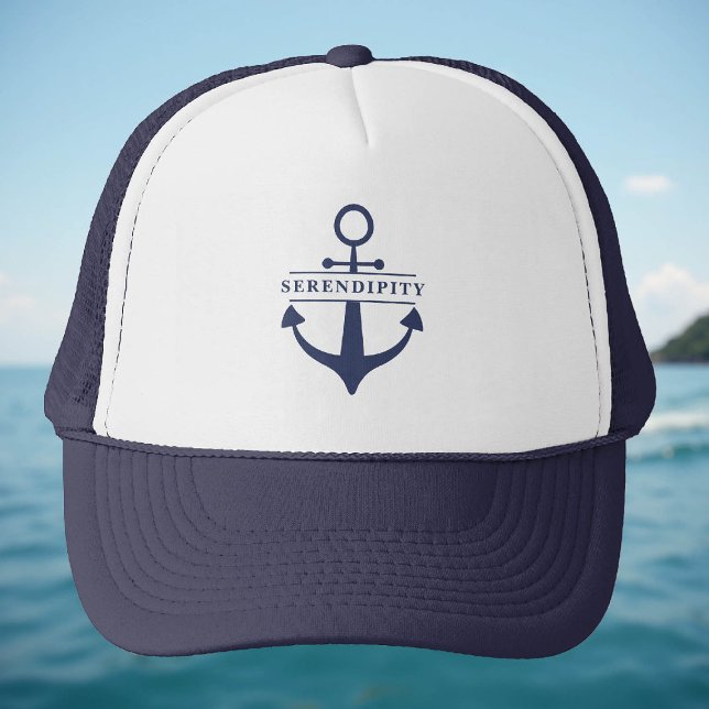 Boat Name Anchor Navy Blue White Personalised Trucker Hat (personalized hat boat name captain nautical coastal beach ocean sea waterfront yacht gift)
