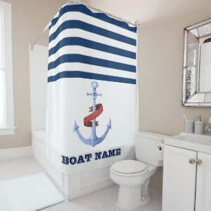 Boat Name,Anchor  Navy Blue White Striped Shower Curtain