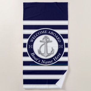 Boat Name Anchor Welcome Aboard Beach Towel