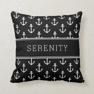 Boat Name Anchors and Stripes Black Cushion