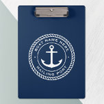 Boat name and hailing port anchor rope border clipboard<br><div class="desc">Clipboard featuring a white,  elegant anchor and rope emblem with your custom boat name and hailing port on a dark blue background.</div>