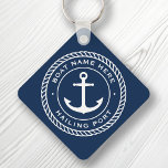 Boat name and hailing port anchor rope border key ring<br><div class="desc">Keyring for your boat featuring a white,  elegant anchor and rope emblem with your custom boat name and hailing port on a dark blue background.</div>