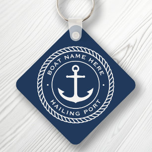 Boat name and hailing port anchor rope border key ring