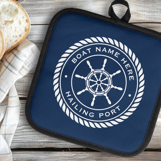 Boat name and hailing port nautical ship's wheel pot holder (Boat name and hailing port nautical ship's wheel pot holder)