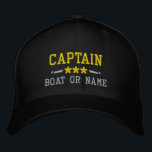Boat Name Captain Nautical Stars Gold Silver Black Embroidered Hat<br><div class="desc">Sail in style with a personalised black with gold and silver embroidered hat featuring your Captain rank or other title,  your Name or Boat Name and stars. Several cap and thread colours to choose from. Makes a great custom gift for Fathers day,  Mothers day or any occasion.</div>