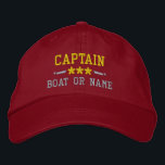 Boat Name Captain Nautical Stars Gold Silver Red Embroidered Hat<br><div class="desc">Sail in style with a personalised red with gold and silver embroidered hat featuring your Captain rank or other title,  your Name or Boat Name and stars. Several cap and thread colours to choose from. Makes a great custom gift for Fathers day,  Mothers day or any occasion.</div>