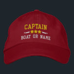 Boat Name Captain Nautical Stars Gold Silver Red Embroidered Hat<br><div class="desc">Sail in style with a personalised red with gold and silver embroidered hat featuring your Captain rank or other title,  your Name or Boat Name and stars. Several cap and thread colours to choose from. Makes a great custom gift for Fathers day,  Mothers day or any occasion.</div>