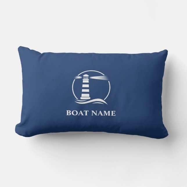 Boat Name Classic Nautical Lighthouse Navy Blue Lumbar Cushion (Front)