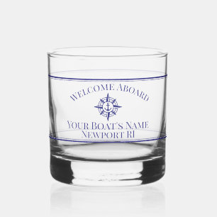 Boat Name Dock Nautical Compass Drinkware Set Whiskey Glass