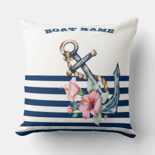 Boat Name,Floral Anchor Navy Blue Stripe Cushion