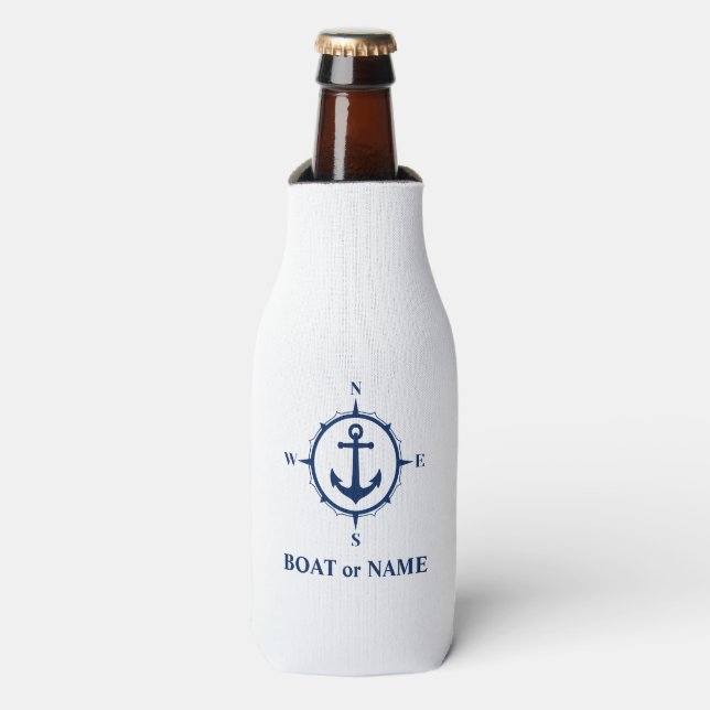 Boat Name Nautical Anchor Compass Navy on White Bottle Cooler (Bottle Front)