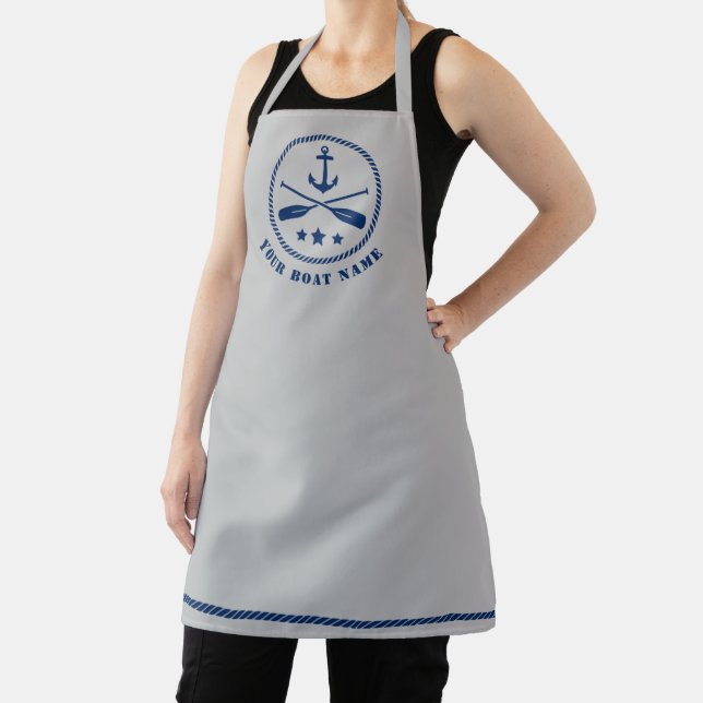 Boat Name Nautical Anchor Crossed Oars Stars Grey Apron (Insitu)