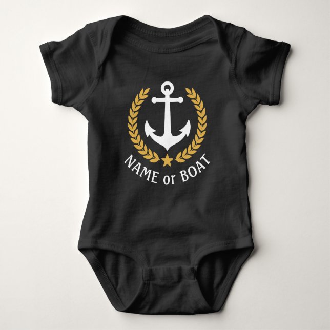 Boat Name Nautical Anchor Gold Laurel Leaves Star Baby Bodysuit (Front)