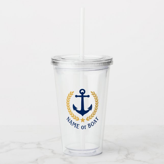 Boat Name Nautical Anchor Gold Style Laurel Star Acrylic Tumbler (Front)
