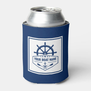 Boat Name Nautical Anchor Oars Helm Navy Blue Can Cooler
