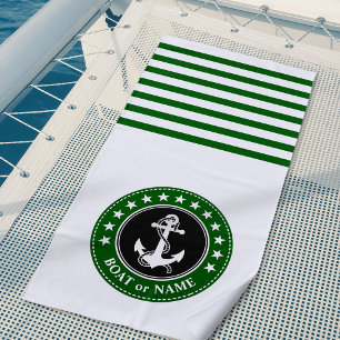 Boat Name Nautical Anchor Stars Forest Green Beach Towel
