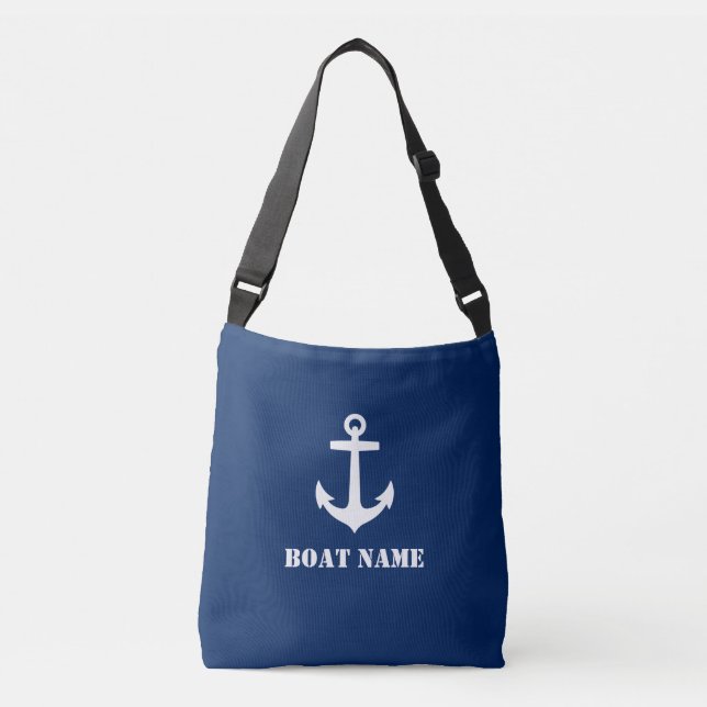 Boat Name Nautical Classic Anchor Navy Blue White Crossbody Bag (Front)