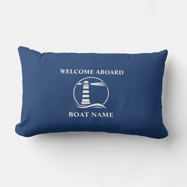 Boat Name Nautical Classic Lighthouse Navy Blue Lumbar Cushion (Front)