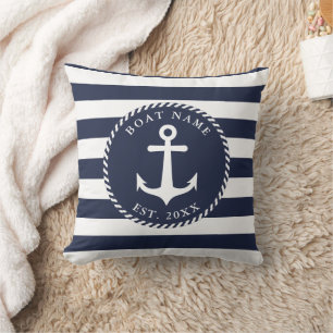 Boat Name Nautical Navy Blue White Anchor Summer Cushion