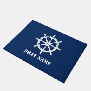 Boat Name Nautical Ships Wheel Helm Navy Blue Doormat