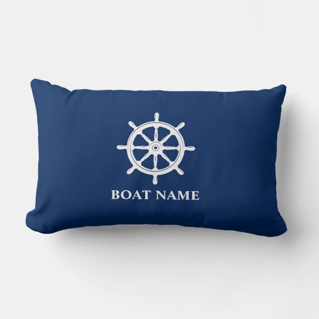 Boat Name Nautical Ships Wheel Helm Navy Blue Lumbar Cushion (Front)