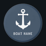 Boat Name Nautical Vintage Anchor Ocean Gray Blue Magnet<br><div class="desc">Stylish round refrigerator magnet with your personalized name,  boat name or other text and a custom vintage ship anchor in white on ocean gray-blue or choose background colors to match your  decor. Makes a great unique gift.</div>