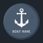 Boat Name Nautical Vintage Anchor Ocean Gray Blue Magnet<br><div class="desc">Stylish round refrigerator magnet with your personalized name,  boat name or other text and a custom vintage ship anchor in white on ocean gray-blue or choose background colors to match your  decor. Makes a great unique gift.</div>