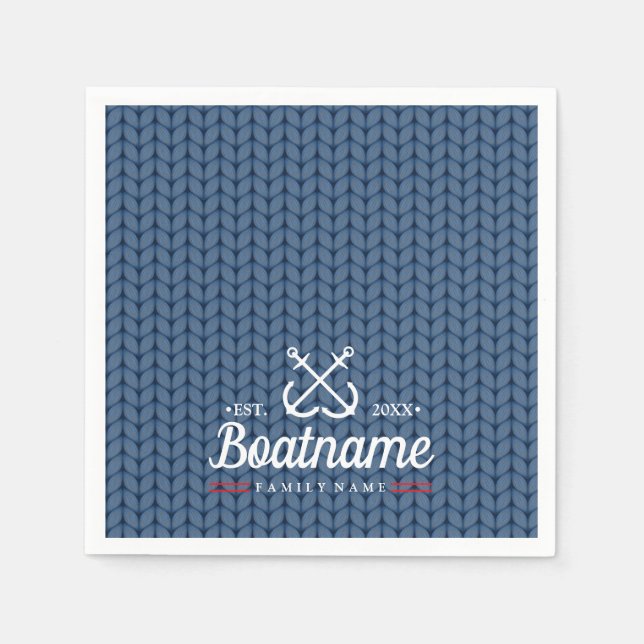 Boat Name Navy Blue Nautical Personalised Knitted Napkin (Front)