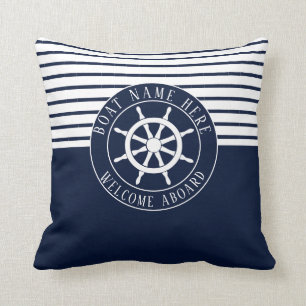Boat Name Navy Blue Nautical Ship Helm Yacht Cushion