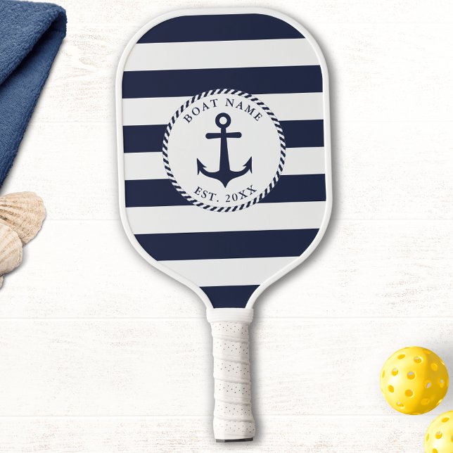 Boat Name Navy Blue White Stripes Nautical Anchor Pickleball Paddle (Pickleball Paddle with a Navy Blue and White Nautical Pattern)