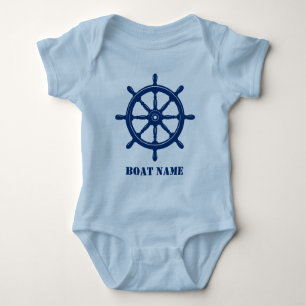 Boat Name or Your Name Ship Helm Wheel Navy Blue Baby Bodysuit