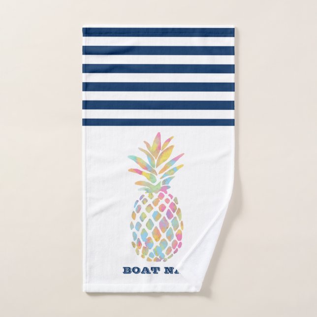 Boat Name,Pineapple  Navy Blue White Striped Bath Towel Set (Hand Towel)