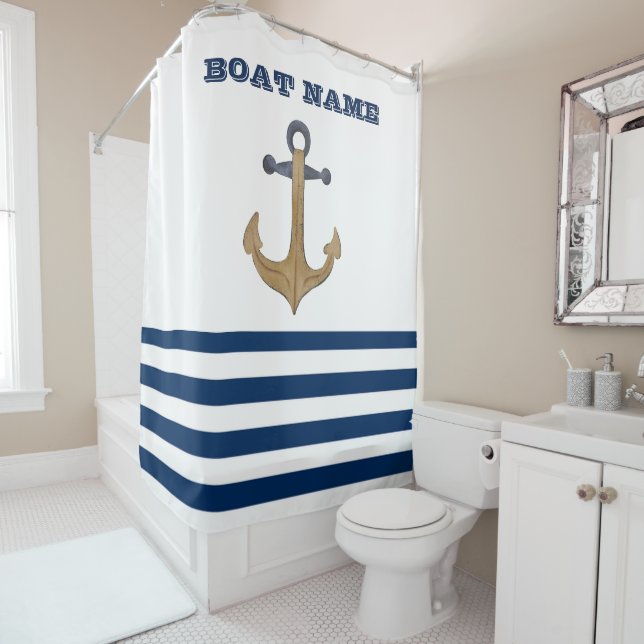  Boat Name,Retro Anchor Navy Blue White Stripes Shower Curtain (In Situ)