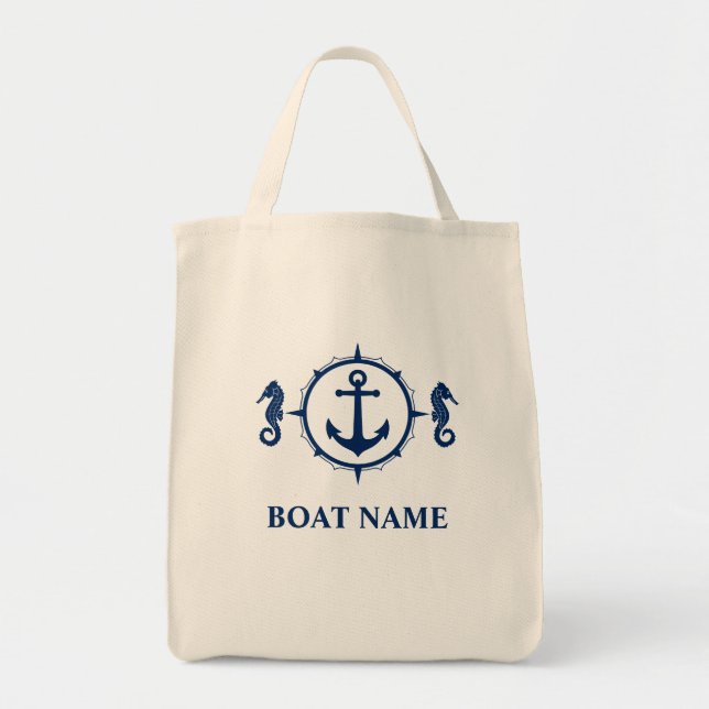 Boat Name Seahorse Anchor Eco-Friendly Grocery Tote Bag (Front)
