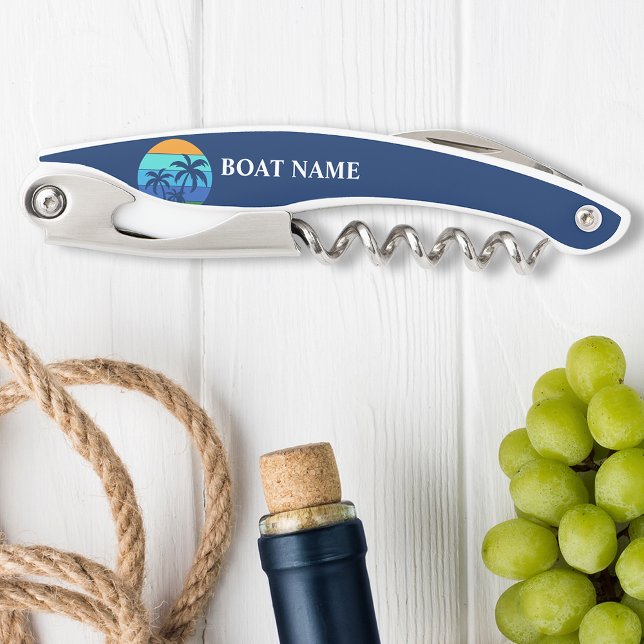 Boat Name Sun Palm Trees Blue Corkscrew (Customize to change text size or text style.)