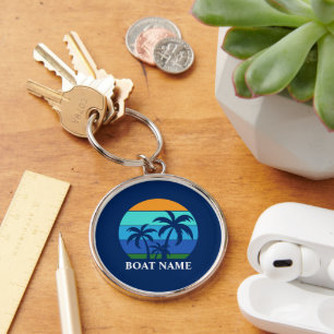 Boat Name Sun Palm Trees Blue Premium Round Key Ring