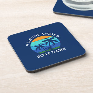 Boat Name Sun Palm Trees Welcome Aboard Blue Coaster