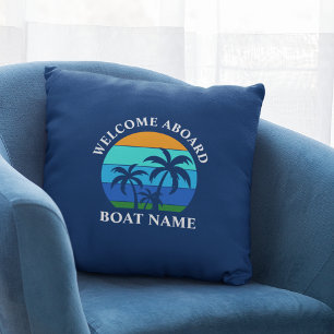Boat Name Sun Palm Trees Welcome Aboard Blue Cushion