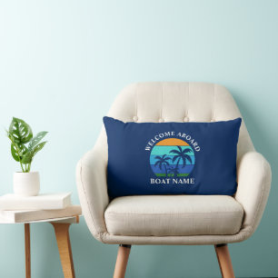Boat Name Sun Palm Trees Welcome Aboard Blue Lumbar Cushion