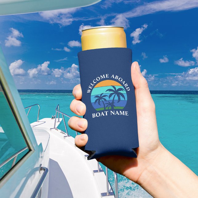 Boat Name Sun Palm Trees Welcome Aboard Blue Seltzer Can Cooler (Customize to change text size or text style.)