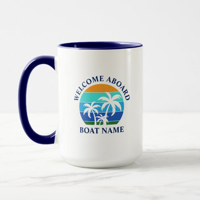 Boat Name Sun Palm Trees Welcome Aboard Large Mug (Left)
