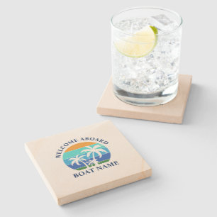 Boat Name Sun Palm Trees Welcome Aboard Stone Coaster