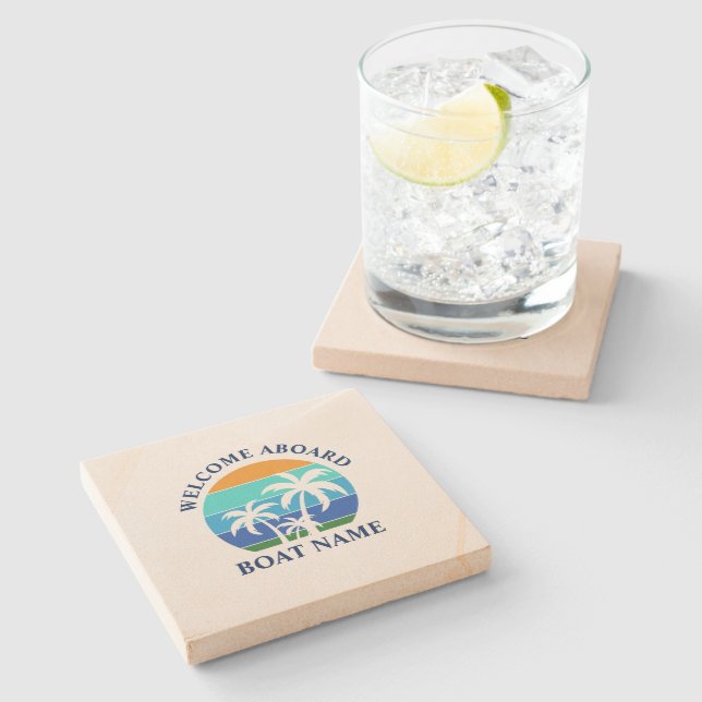 Boat Name Sun Palm Trees Welcome Aboard Stone Coaster (Side)