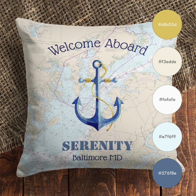 Boat Name ⚓️ Welcome Aboard Chesapeake Bay Cushion (Boat Name ⚓️ Welcome Aboard Chesapeake Bay Outdoor Pillow)