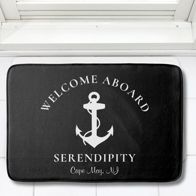 Boat Nautical Anchor Monogrammed Black Bath Mat (Creator Uploaded)